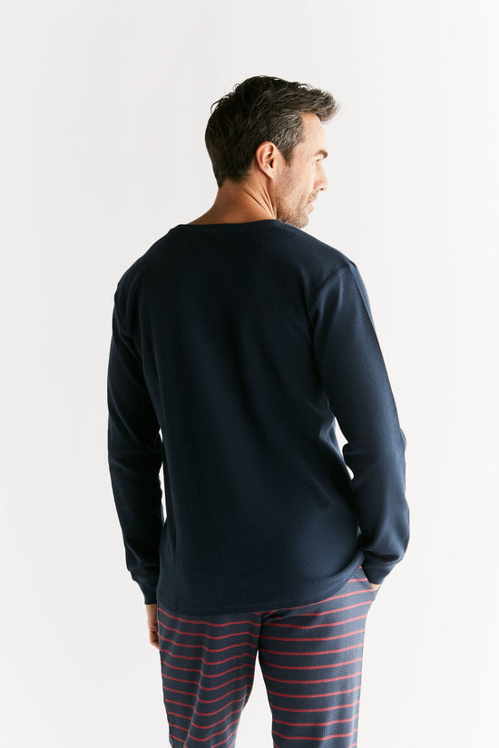 Leela Cotton 2208-061 | Waffel Strick Herren Langarmshirt - Indigo Sonderangebot der Fabrik