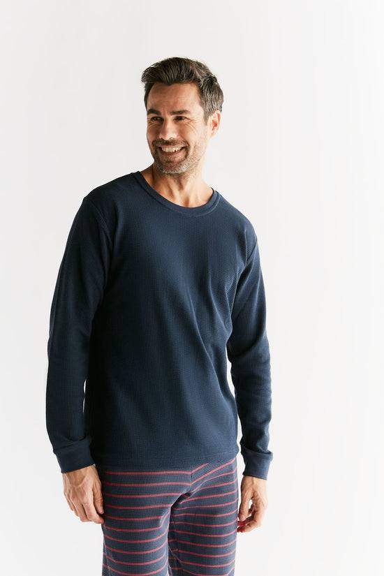 Leela Cotton 2208-061 | Waffel Strick Herren Langarmshirt - Indigo Sonderangebot der Fabrik