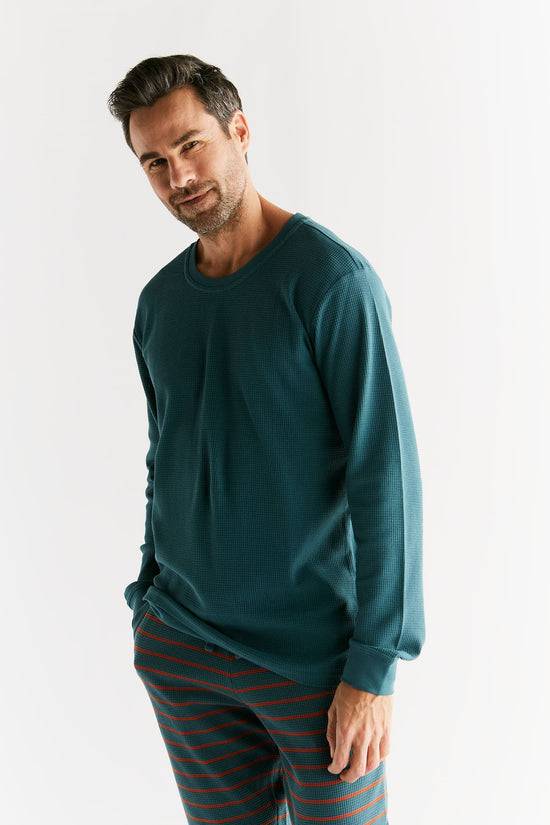 Leela Cotton 2208-063 | Waffel Strick Herren Langarmshirt - Tanne Vierteljährliche Förderung