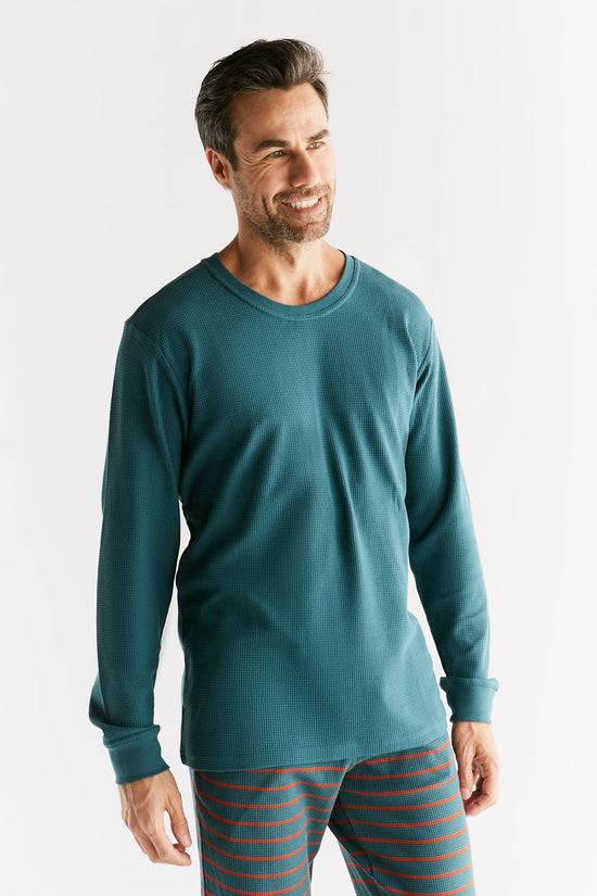 Leela Cotton 2208-063 | Waffel Strick Herren Langarmshirt - Tanne Vierteljährliche Förderung