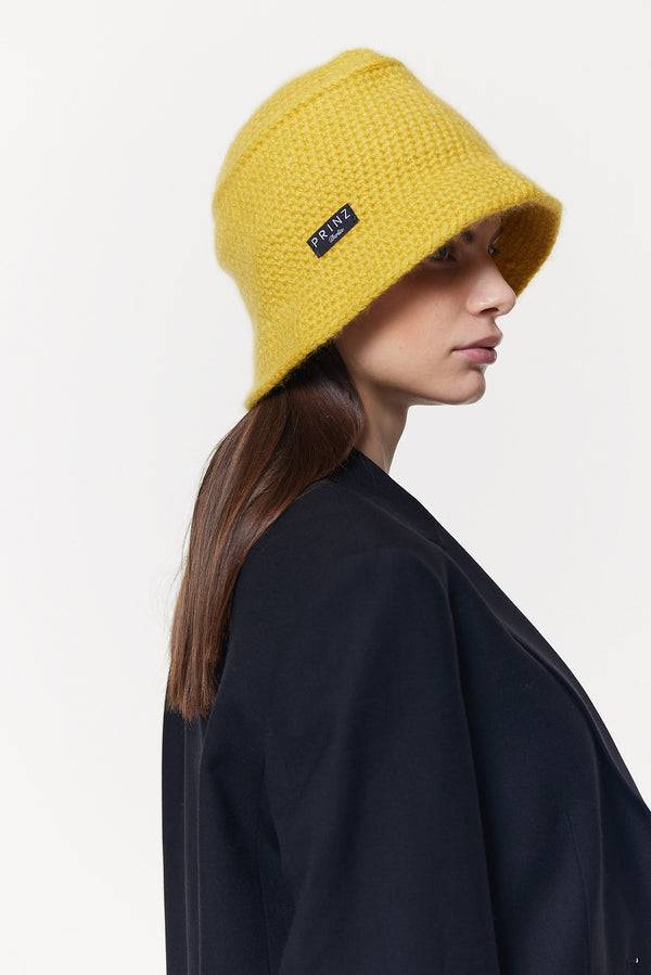 Prinz Berlin Kaschmir Bucket Hat Hand Crochet Gelb Räumungsverkauf