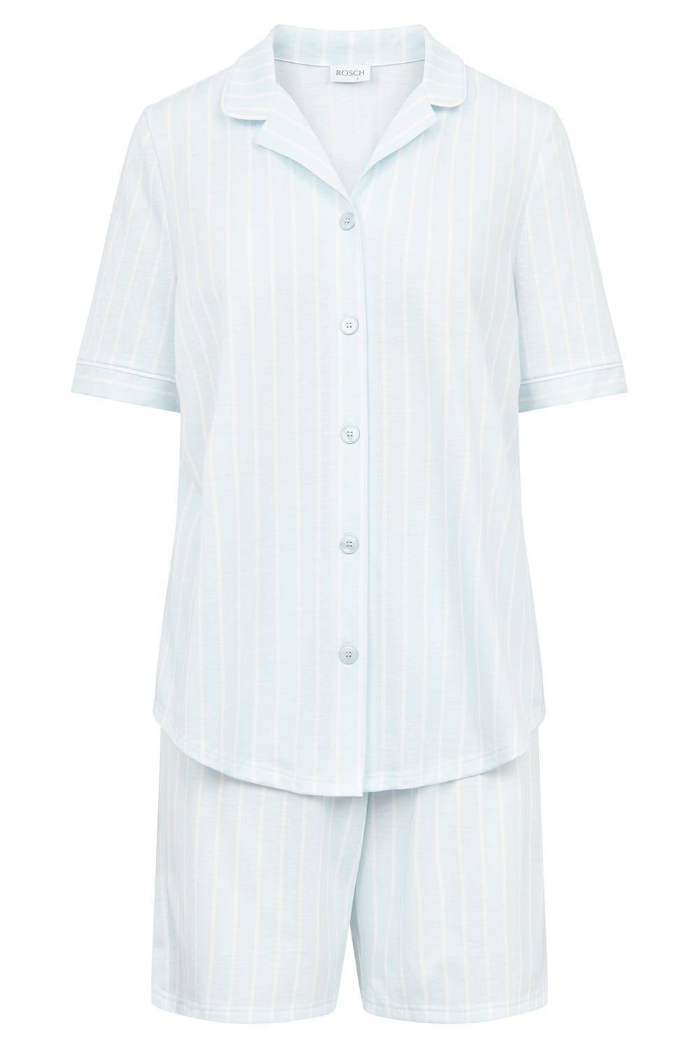 Rösch Pyjama kurz im Streifenprint Hellblau Herrenhemdstil 100% Baumwolle 50% Rabatt für begrenzte Zeit