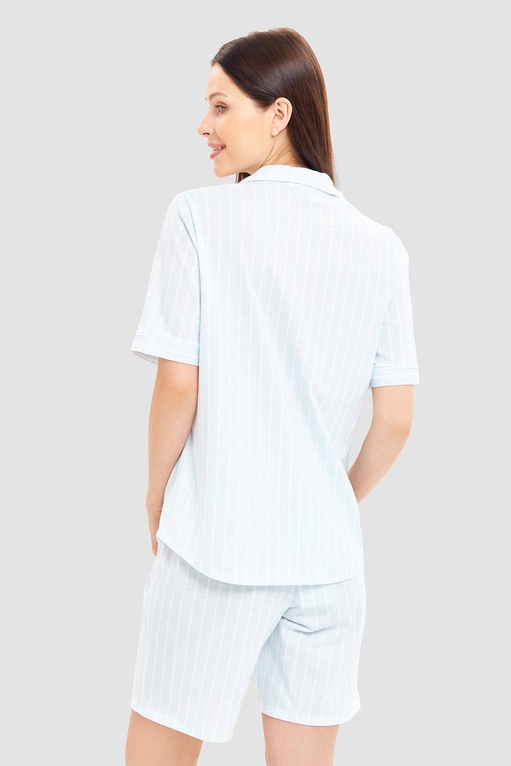Rösch Pyjama kurz im Streifenprint Hellblau Herrenhemdstil 100% Baumwolle 50% Rabatt für begrenzte Zeit