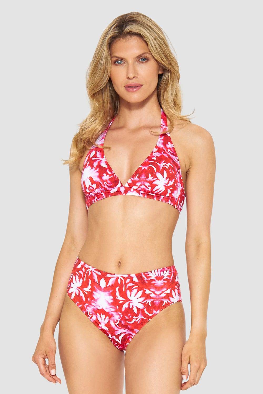 Rösch Bikini-Hose Neckholder im Ornament-Druck Rot-Weiß hoher Taillenausschnitt Top Angebot