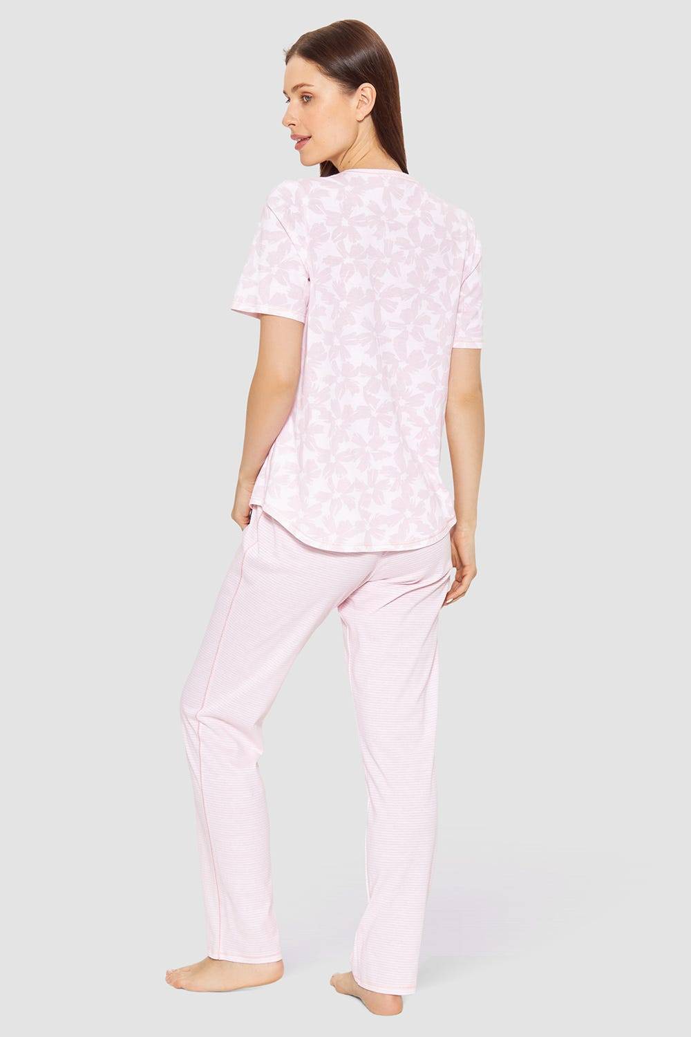 Rösch Pyjama im Muster-Mix Blumen Streifen Rosa 100% Baumwolle Schlussverkauf