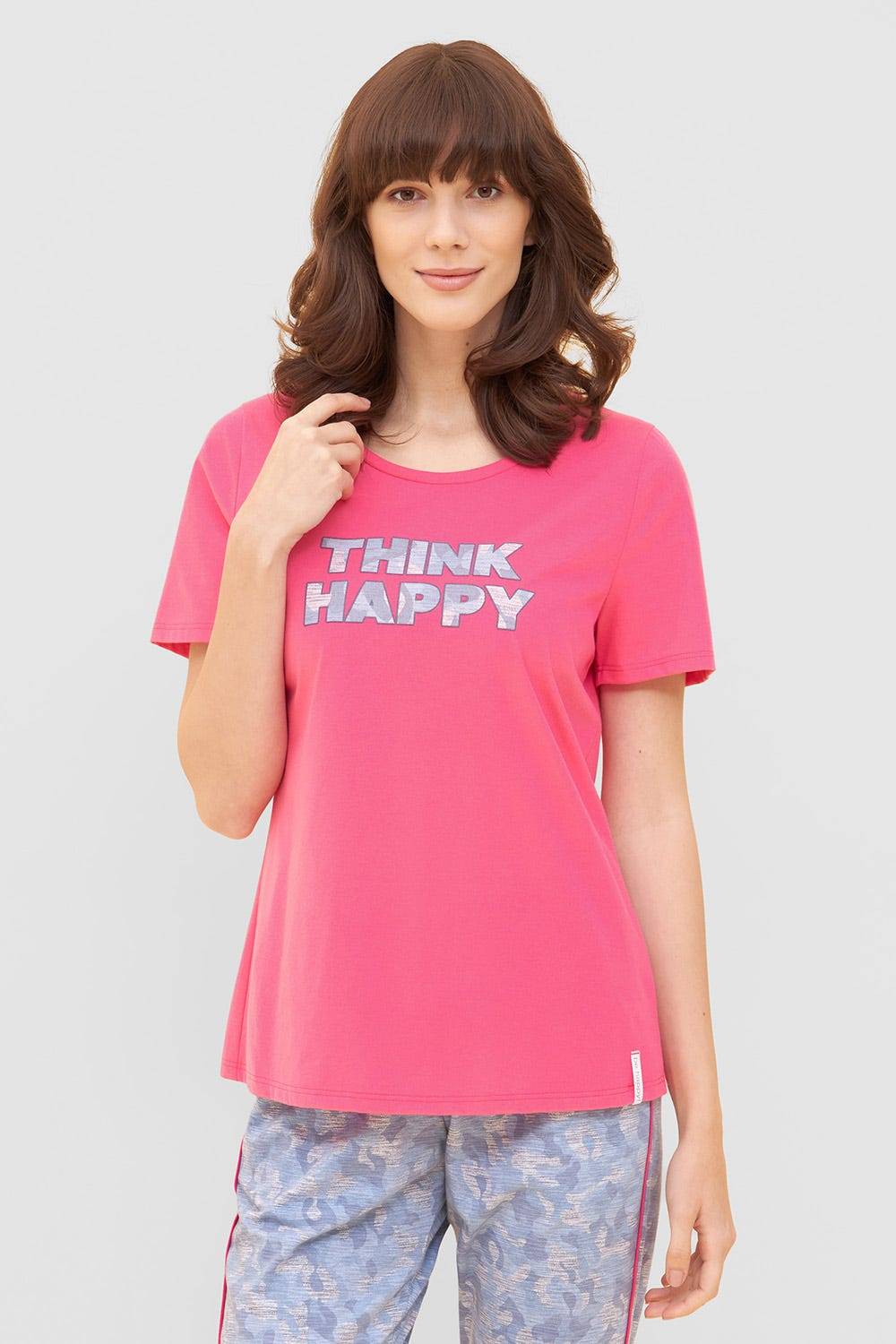 Rösch T-Shirt mit Schriftzug "Think Happy" Pink Kurzarm Mix & Match 100% Baumwolle