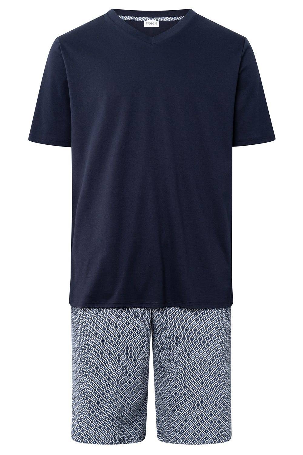 Rösch Herren Kurzer Pyjama mit Minimalprint Blau Bermuda V-Ausschnitt 100% Baumwolle Online Outlet
