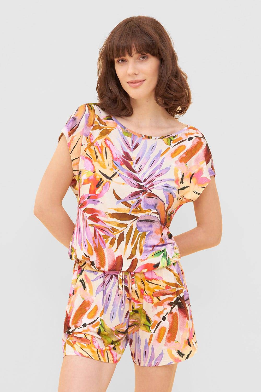 Rösch Jumpsuit im fröhlichen Blätter-Druck Bunt Shorts Sommer Viskose/Elasthan Tiefpreis