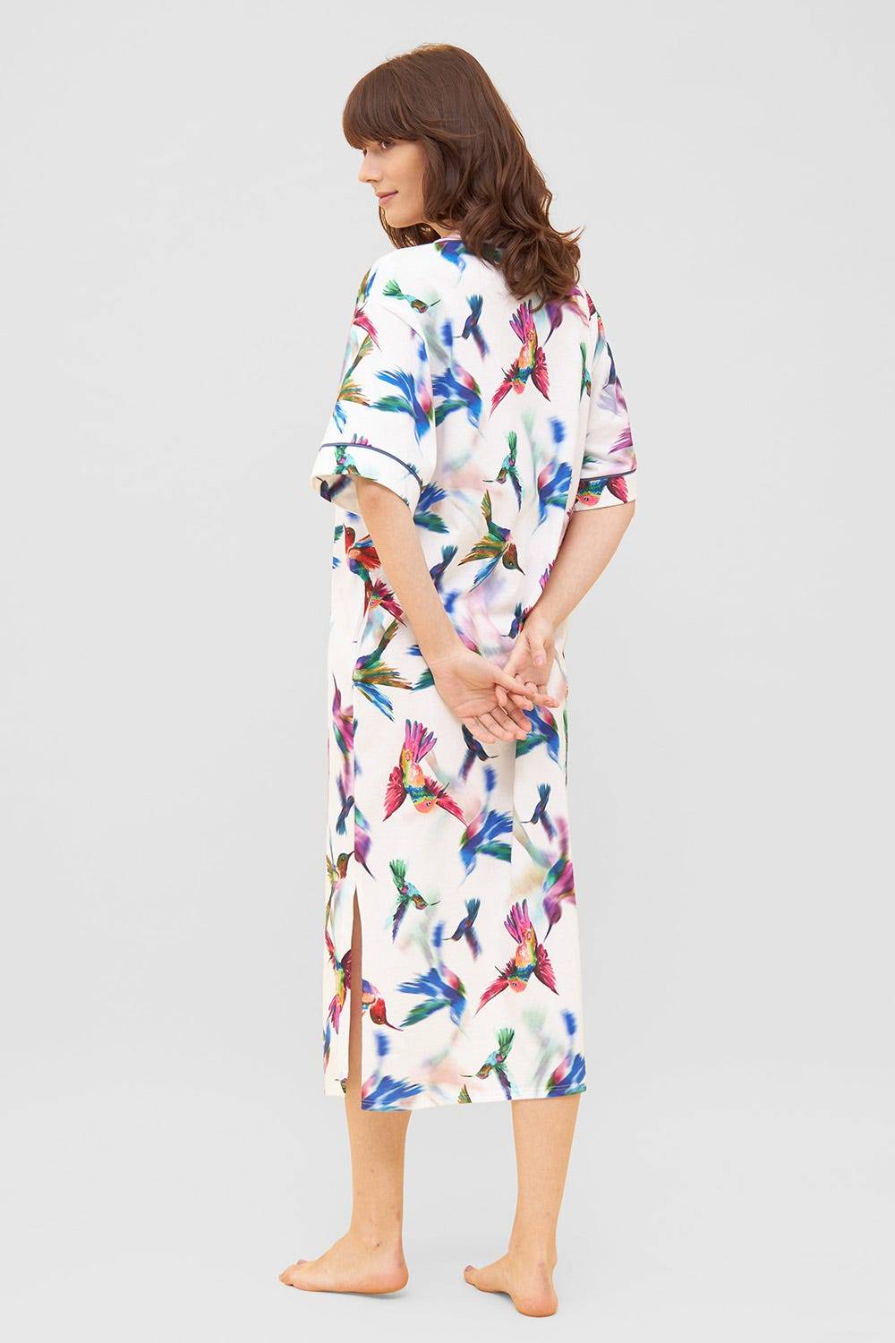 Rösch Nachtkleid im Vogel-Druck Kimono Paspeln Halbarm Maxi-Länge 100% Baumwolle Super Rabatt