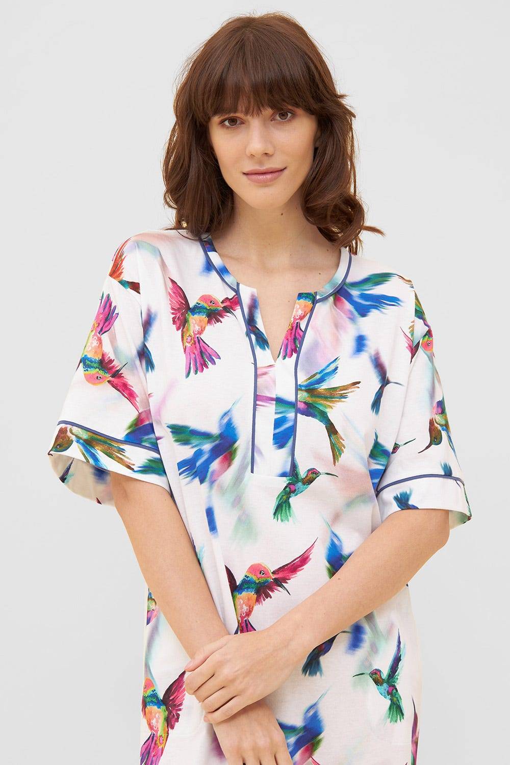 Rösch Nachtkleid im Vogel-Druck Kimono Paspeln Halbarm Maxi-Länge 100% Baumwolle Super Rabatt