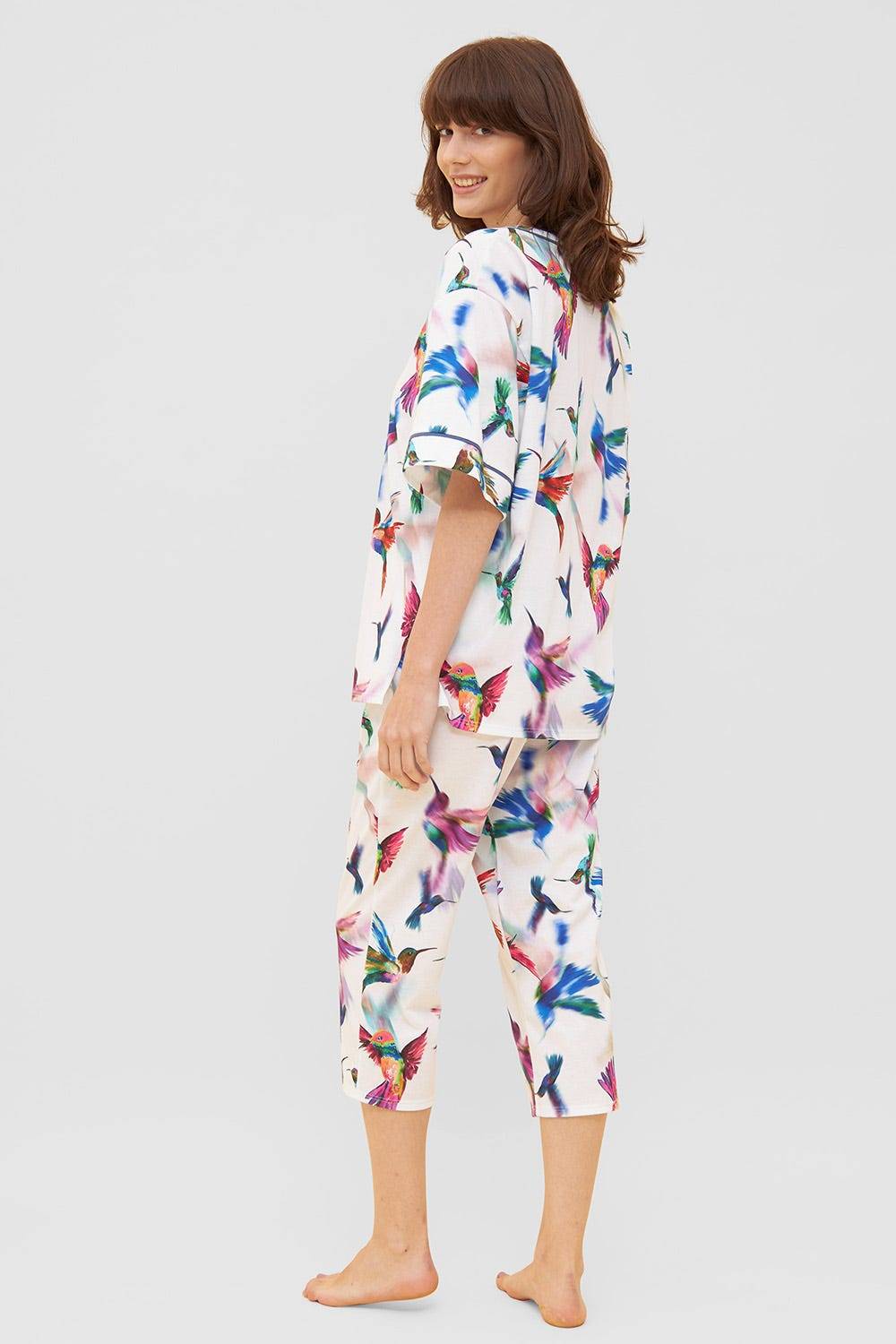 Rösch Pyjama im Vogel-Druck Kimono Paspeln Halbarm 100% Baumwolle Riesige Rabatte