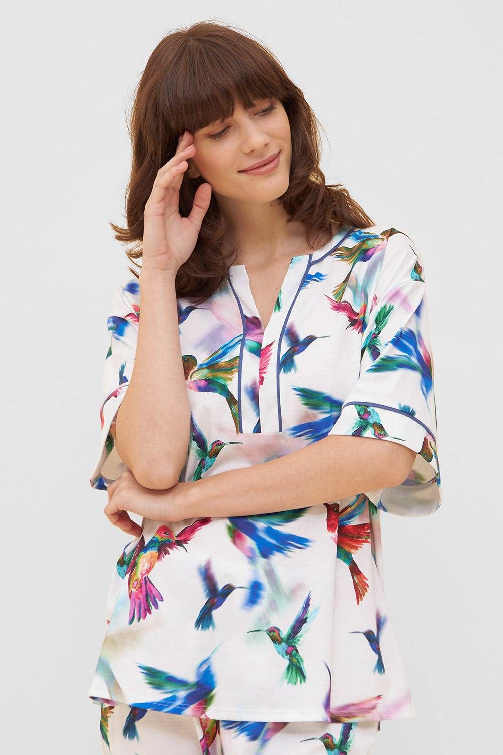 Rösch Pyjama im Vogel-Druck Kimono Paspeln Halbarm 100% Baumwolle Riesige Rabatte