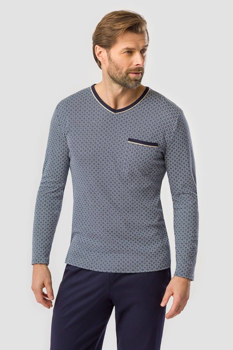 Rösch Herren Pyjama mit Minimalprint Blau Klassisch 100% Baumwolle Kostenloser Versand international
