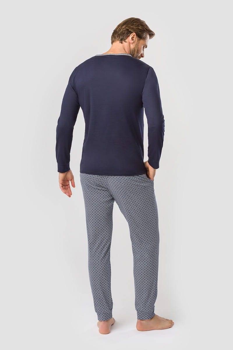 Rösch Herren Pyjama mit Minimalprint Blau Raffungen Paspeln 100% Baumwolle Fabrikladen