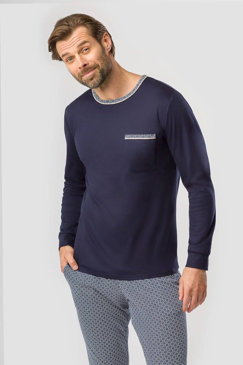 Rösch Herren Pyjama mit Minimalprint Blau Raffungen Paspeln 100% Baumwolle Fabrikladen