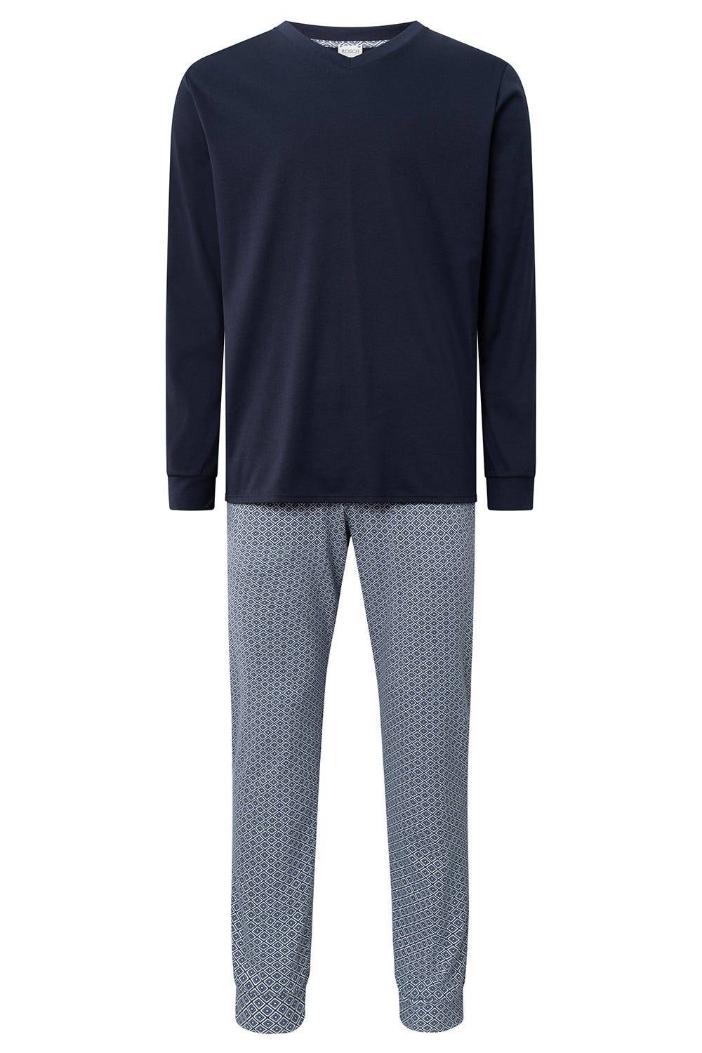 Rösch Herren Langer Pyjama mit Minimalprint Blau V-Ausschnitt 100% Baumwolle Speichern exportieren