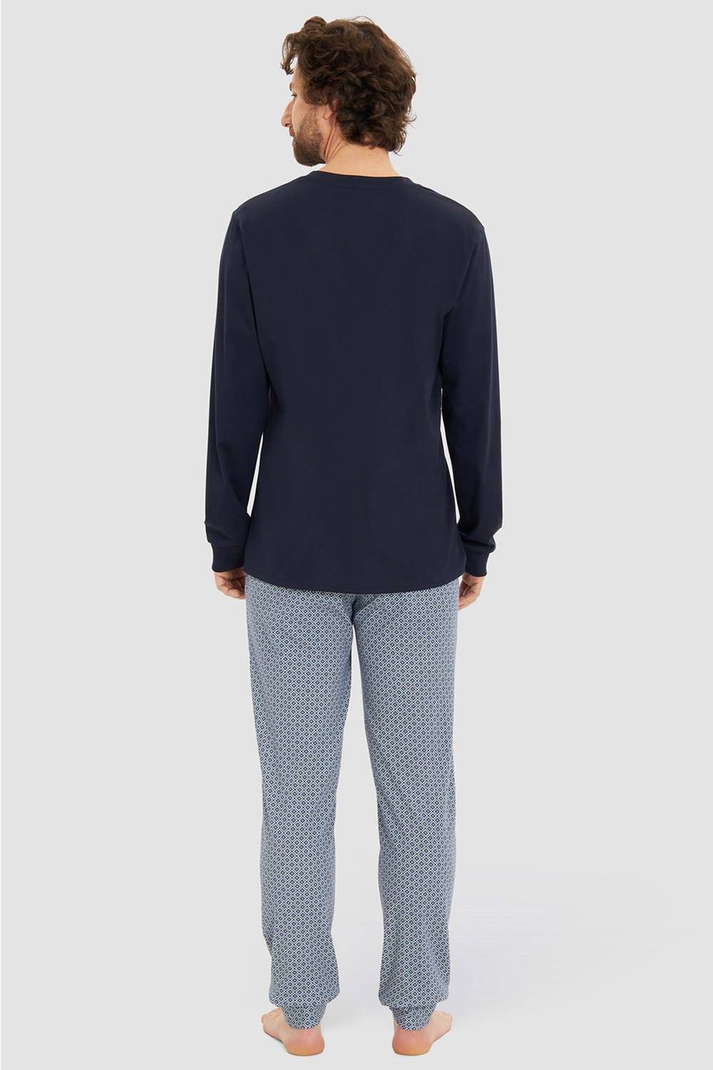 Rösch Herren Langer Pyjama mit Minimalprint Blau V-Ausschnitt 100% Baumwolle Speichern exportieren