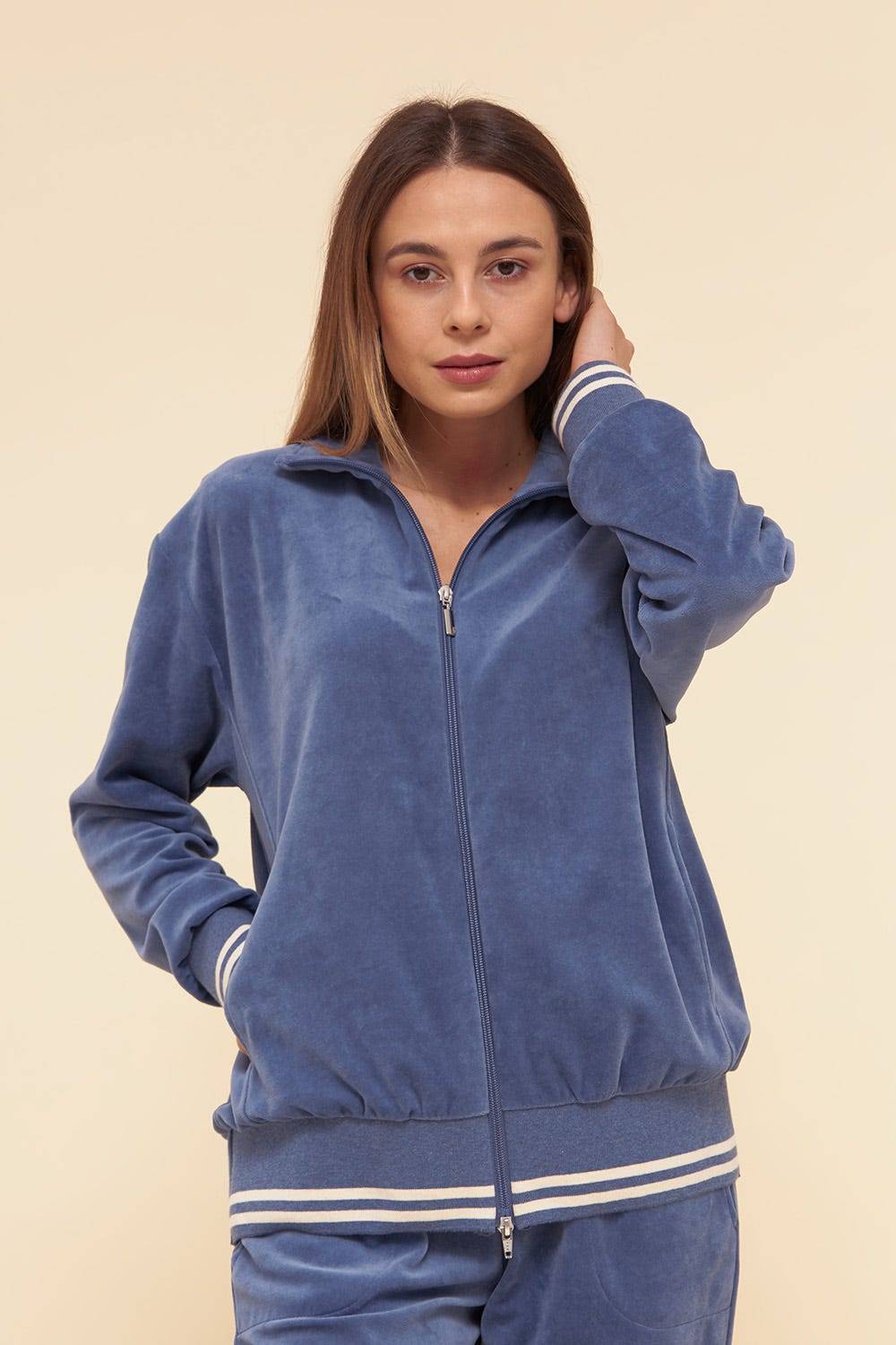Rösch Hausanzug aus Nicki Blouson-Style sportive Streifen Stickbündchen Baumwolle/Polyester 50% Rabatt für begrenzte Zeit