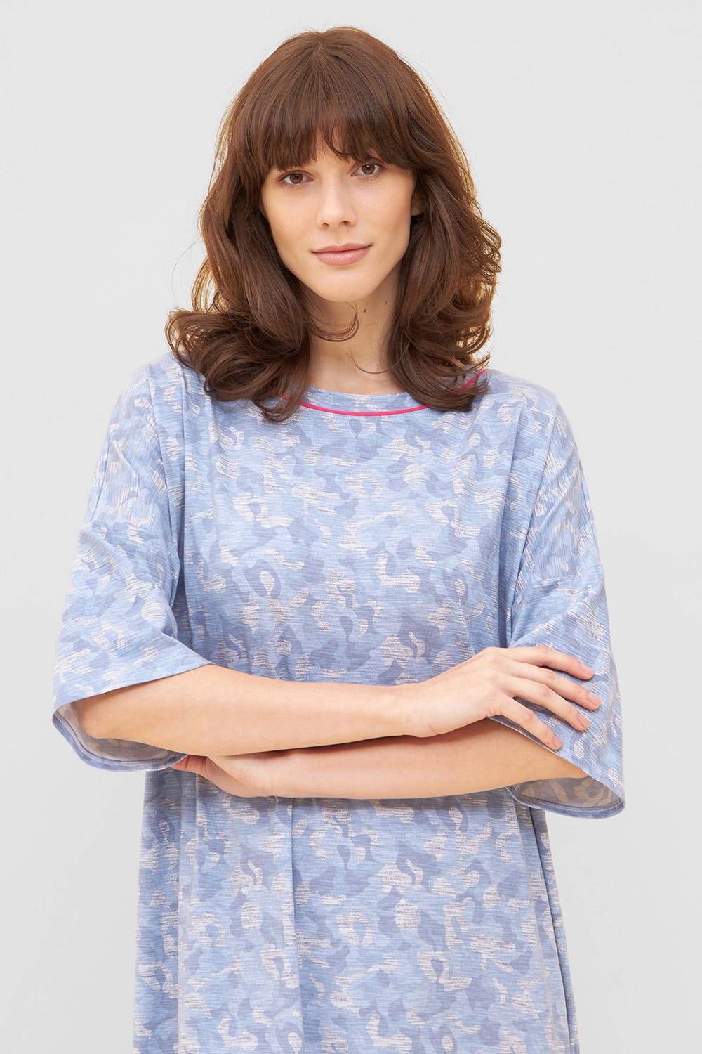 Rösch Nachtkleid im blauen Camouflage-Druck Halbarm Maxi-Länge Baumwolle/Elasthan Fabrikverkauf