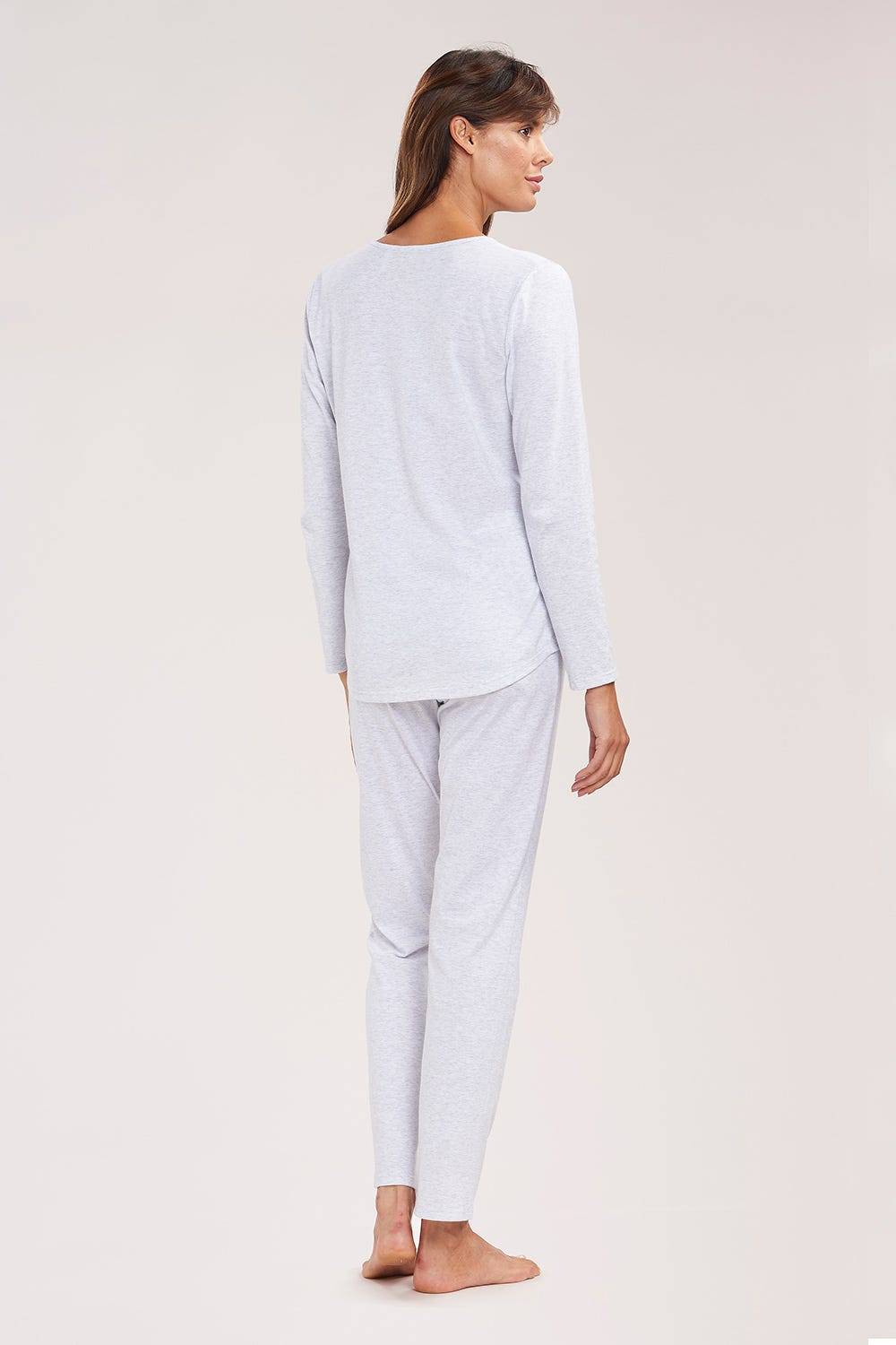 Rösch Pyjama mit Zierschleife und Spitze Grau Langarm 100% Baumwolle Rabatt