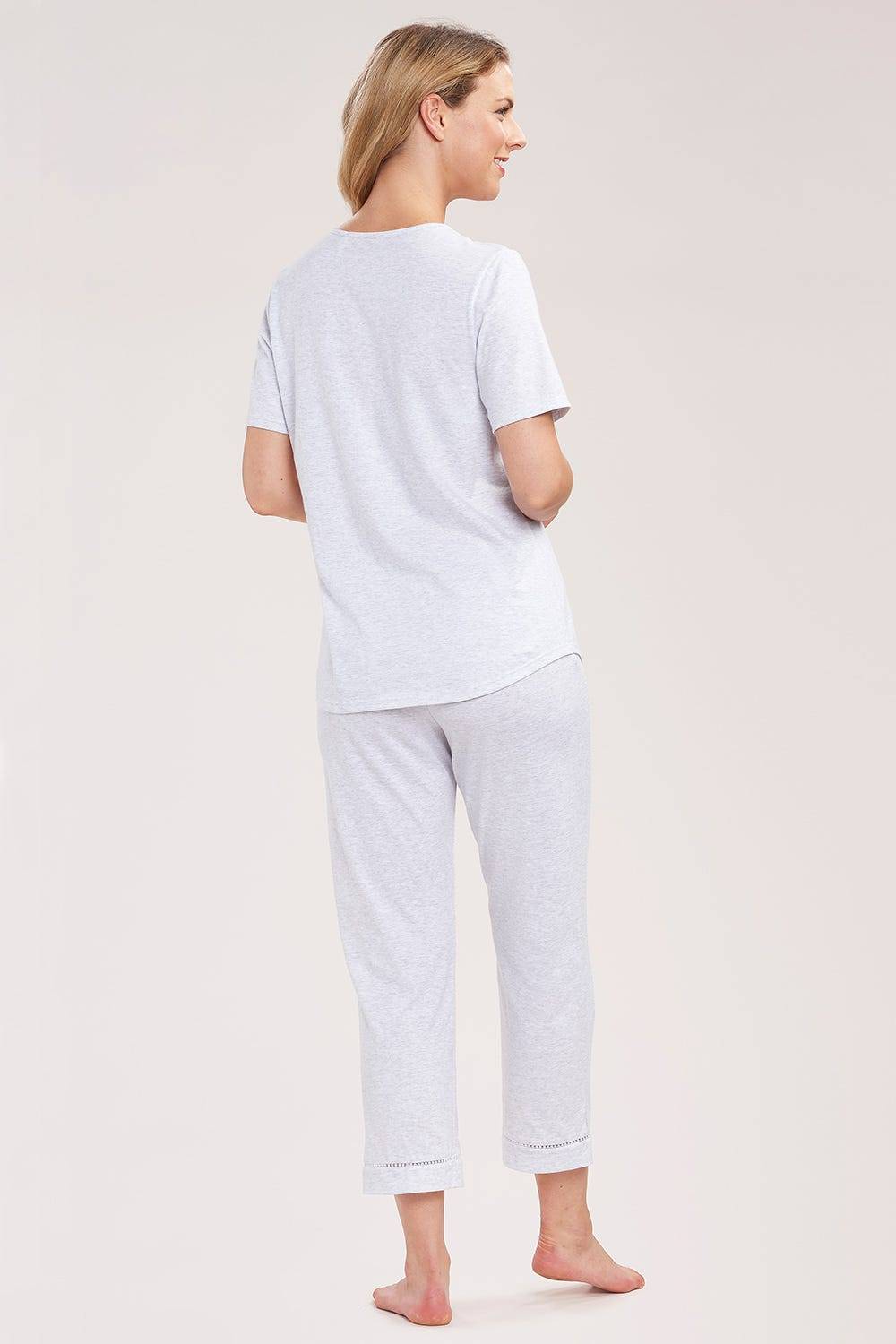 Rösch Pyjama mit Zierschleife und Spitze Grau Kurzarm 7/8-Hose 100% Baumwolle Günstig kaufen