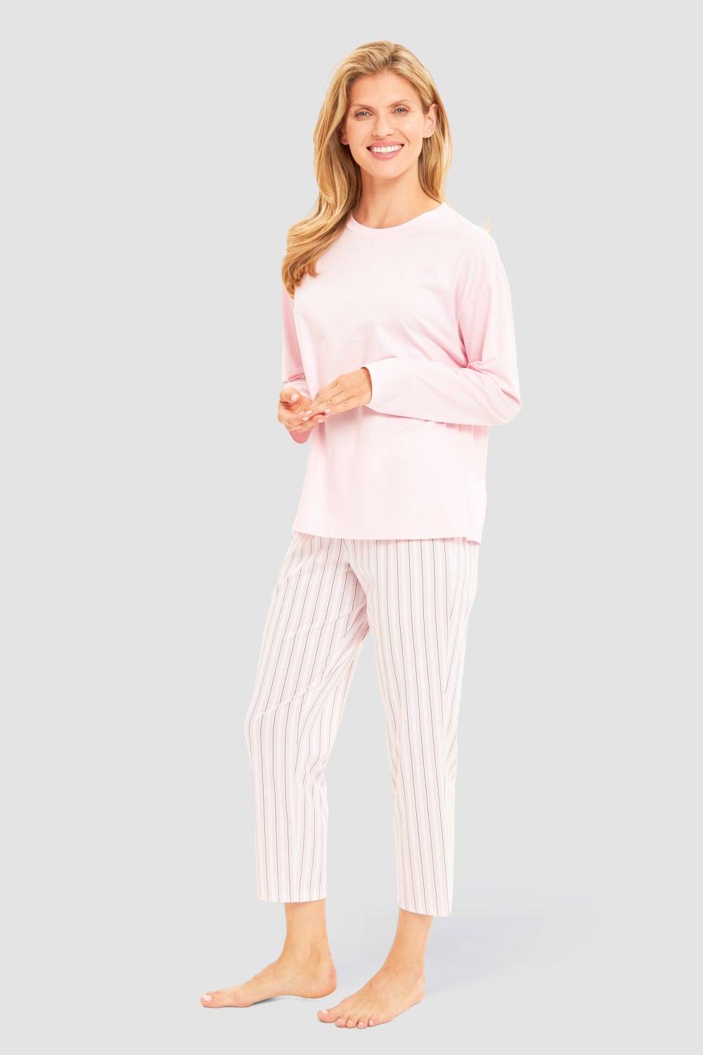 Rösch Basic 7/8-Pyjamahose im Streifendruck Rosa-Grau Preisnachlass