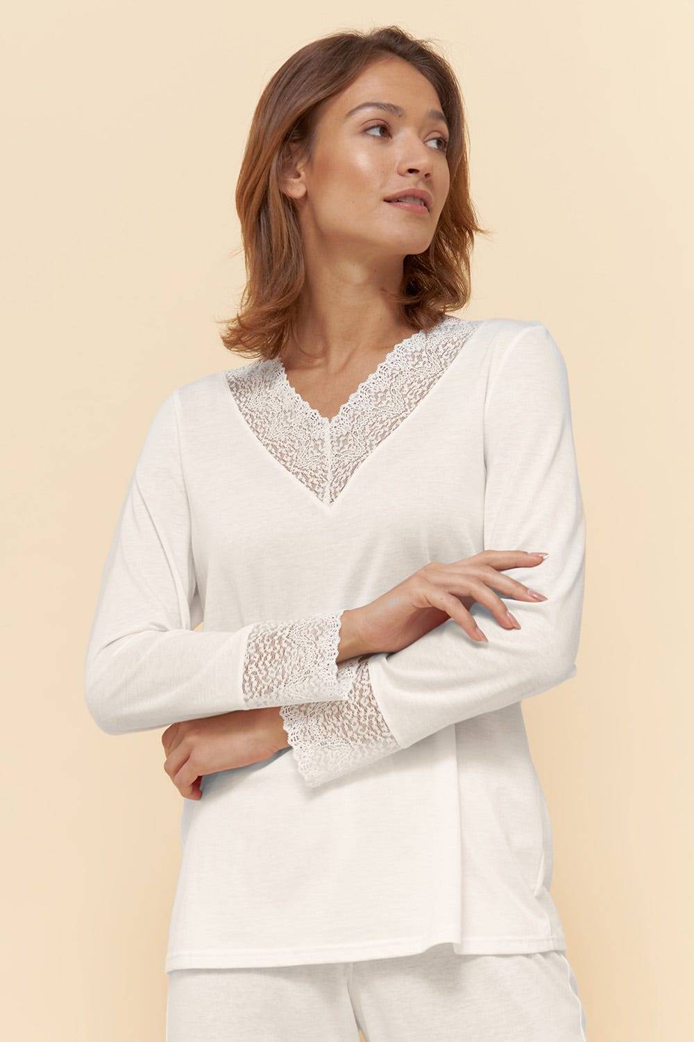 Rösch Pyjama mit eleganten Spitzen-Details einfarbig romantisch verspielt Baumwolle/Modal Neueste Mode