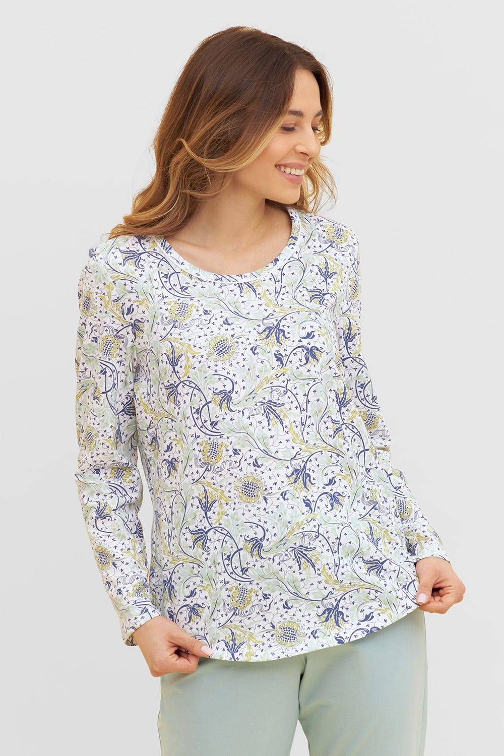 Rösch Basic Pyjamashirt Langarm im floralen Ornament-Print Mix &amp; Match 1884806 Große Rabatte